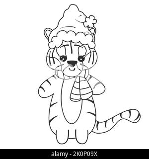 adorable dessin animé adorable personnage main bébé tigre noir et blanc avec chapeau de père noël illustration vectorielle de noël pour colorier l'art Illustration de Vecteur