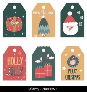 ensemble de jolies étiquettes cadeau de noël dessinées à la main ensemble de vecteur collection avec des éléments traditionnels de vacances d'hiver et du texte lettrage Illustration de Vecteur