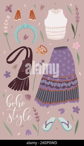 Collection de tenues de boho avec un flirt Illustration de Vecteur