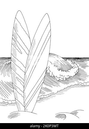 Surf mer côte graphique plage noir blanc vertical paysage dessin vecteur d'illustration Illustration de Vecteur
