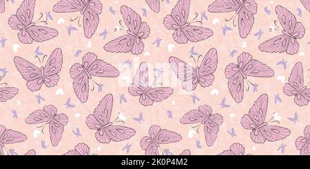 Rose Peachy violet artistique texture papillons vecteur sans couture motif. Illustration de Vecteur