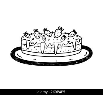 Gâteau mignon avec fraises sur une assiette isolée sur fond blanc. Mets sucrés. Illustration vectorielle dessinée à la main, style doodle. Parfait pour différents motifs, cartes, décorations, logo, menu. Illustration de Vecteur