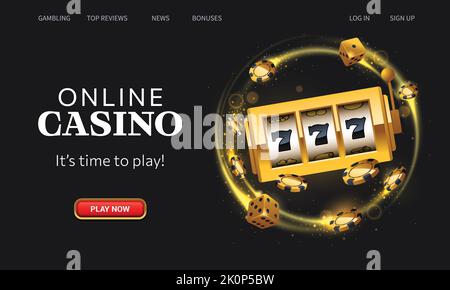 Page d'accueil en ligne du Casino. Machine à sous Golden Winning, jetons de casino volants et dés sur fond noir. Modèle d'interface utilisateur de la page d'accueil du site Web. La Illustration de Vecteur