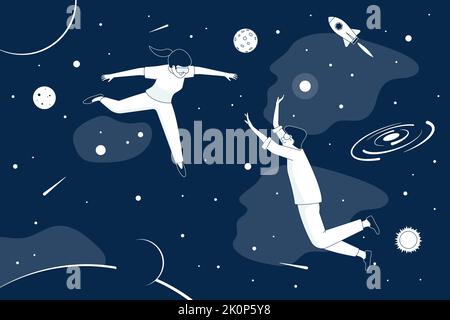 Deux personnes dans des lunettes vr volant dans l'univers avec des planètes et des étoiles. Scène de réalité virtuelle, nouveau jeu numérique ou aventures. Vecteur récent de voyage dans l'espace Illustration de Vecteur