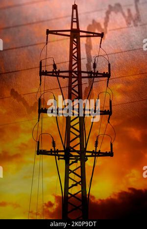 tour d'électricité avec ciel spectaculaire et indicateur de marché, concept de crise énergétique Banque D'Images