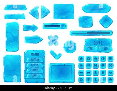 Boutons à cristaux de glace, interface de dessin animé. Jeu d'interface utilisateur et éléments d'interface graphique, blocs de neige gelés vectoriels. Boutons, cadres et flèches de cristal pour la navigation et le contrôle des menus de jeu, les options et les paramètres Illustration de Vecteur