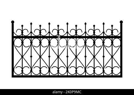 Silhouette de clôture en fonte brute décorative avec forgeage artistique.rambarde en métal.Rail modulaire en acier.porte avec tourbillettes.clôture en treillis forgé.Vector Illustration de Vecteur