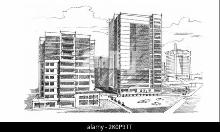 Esquisse architecturale d'un bâtiment à plusieurs étages. Dessin au crayon à main levée. Vecteur Illustration de Vecteur