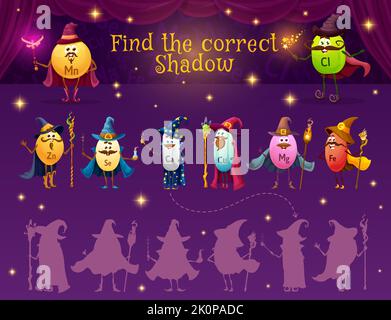 Trouvez l'ombre correcte de l'assistant de micronutriments et les personnages de mage, le jeu de quiz vectoriel. Les enfants correspondent à la feuille de travail de jeu pour trouver la même silhouette de sorciers en micronutriments, de zinc et de sélénium, de calcium et de fer Illustration de Vecteur