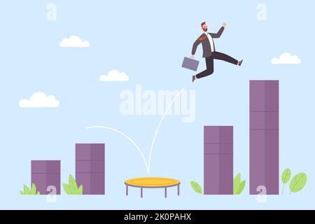 Rebond de carrière. Les hommes d'affaires sautent du bénéfice financier de tremplin, volant au-dessus de l'occasion récupérer la confiance de croissance économique puissance leader d'affaires vecteur d'emploi illustration de l'accomplissement de carrière Illustration de Vecteur