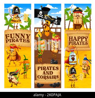 Caricature mexicaine et personnages corsair. Tacos, nachos et burrito, piment jalapeno, bouteille de tequila et choros personnages de pirate à succès avec carte du Trésor, bannières vectorielles Illustration de Vecteur