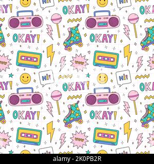 Motif lumineux sans couture avec des objets des années 90 : patins à quatre roulettes, cassette rétro et boombox musical, lumières, sourire, sucettes, étoiles sur fond à carreaux. Nostalgie pour le 1990 Illustration de Vecteur