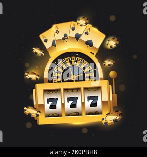Machine à sous Golden Winning, cartes volantes et roulette. Illustration vectorielle de casino en ligne sur fond sombre. Concept gagnant sur noir b Illustration de Vecteur