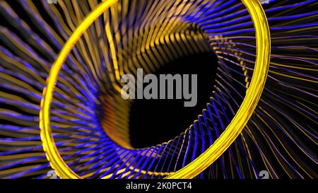3D rendu de structure en spirale bleu métallique plus un anneau doré sur le dessus avec lumière ambiante orange et fond noir vif ; ressemblant à un trou noir Banque D'Images