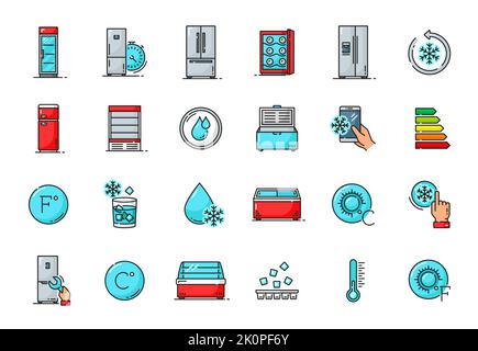Icônes de présentation du réfrigérateur et du congélateur. Symboles de stockage des aliments. Réfrigérateur commercial, équipement de refroidissement industriel, ensemble de pictogrammes minimalistes, icônes ou panneaux vectoriels fins pour réfrigérateur domestique Illustration de Vecteur