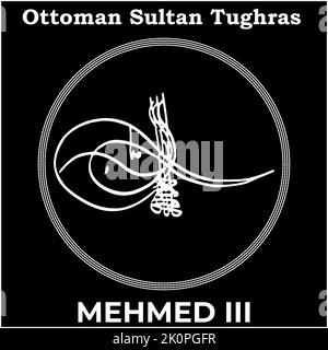 Image vectorielle avec signature Tughra du treizième Sultan Ottoman Mehmed III, Tughra de Mehmed III avec fond noir. Illustration de Vecteur