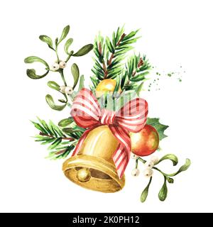 Noël et joyeux nouvel an décor festif pour carte de vœux ou prospectus, carte postale, livret, dépliant. Illustration aquarelle dessinée à la main isolée sur W Banque D'Images