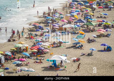 Plage bondée avec parasols plage animée, Fuengirola, Los Boliches, Andalousie, Costa del sol, Espagne. Banque D'Images