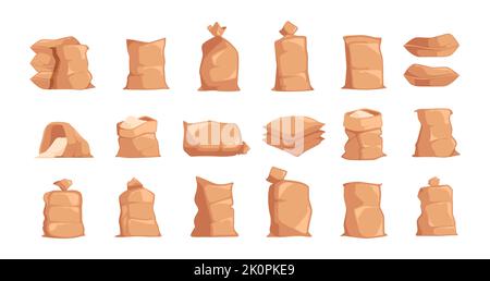 Sac à toile. Sacs de dessin animé plein de céréales de blé de farine de riz de récolte sucre de blé, emballage de matériel de toile de sacoches brune. Ensemble d'agriculture vectorielle. Paquets lourds Illustration de Vecteur
