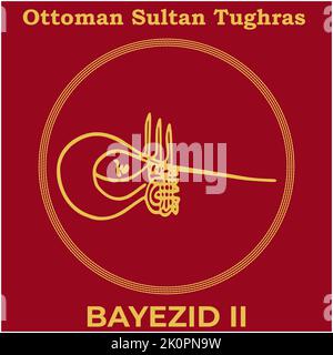 Image vectorielle avec signature Tughra du neuvième Sultan ottoman Bayezid II, Tughra de Bayezid II avec fond de peinture turc traditionnel. Illustration de Vecteur