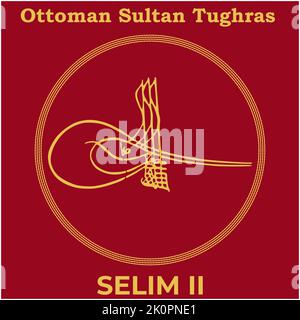Image vectorielle avec signature Tughra du onzième sultan ottoman Selim II, Tughra de Selim II avec fond de peinture turc traditionnel. Illustration de Vecteur