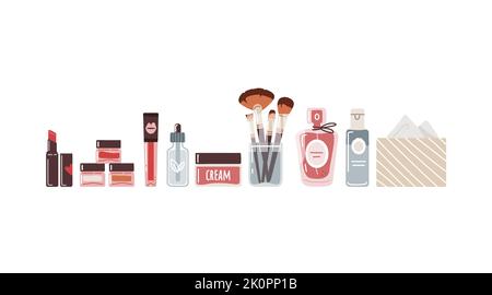 Ensemble de cosmétiques décoratifs avec articles de maquillage sur fond blanc. Illustration plate Illustration de Vecteur
