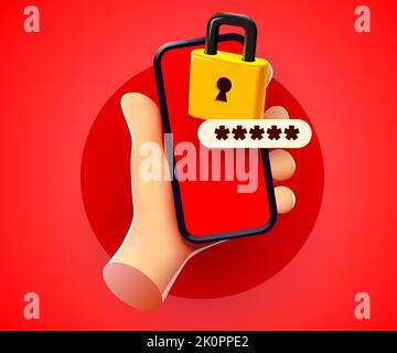 Joli dessin animé main tenant un smartphone mobile avec un cadenas. Concept de protection des données et de confidentialité. Illustration vectorielle Illustration de Vecteur