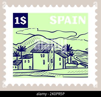 Espagne marque postale avec paysage de ville, vecteur Illustration de Vecteur