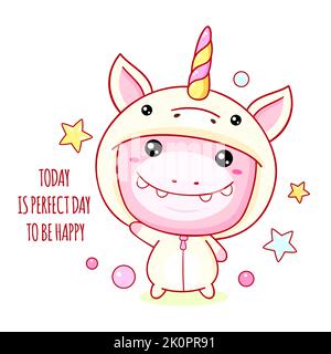 Mignon bébé monstre en costume de licorne. Aujourd'hui est parfait pour être heureux. Bannière avec affirmation pour la salle de jeux pour enfants. Citation motivationnelle pour la carte, invita Illustration de Vecteur