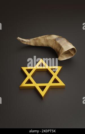 Étoile de David et shofar sur fond sombre. Concept Yom kippour. 3d illustration. Banque D'Images