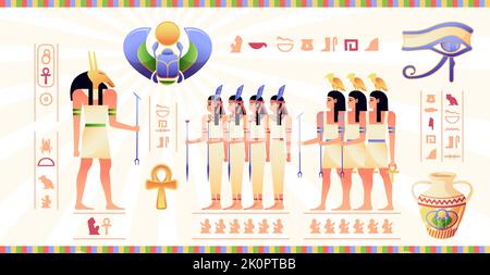 Fresque égyptienne. Ancienne Égypte murale avec hiéroglyphes et mythologie scènes de dessin animé pharaoh Isis Anubis Osiris personnages. Illustration vectorielle. Ceremon Illustration de Vecteur