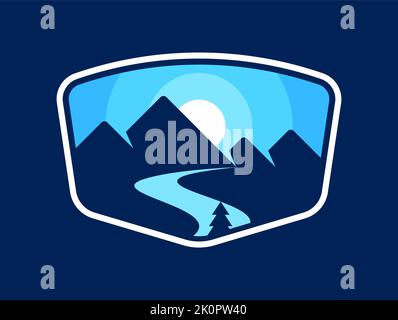 Emblème de montagne bleu avec rivière et un pin avec contour. Concept nature et extérieur. Aventure, exploration, idée de voyage. Collines de montagne avec soleil Illustration de Vecteur