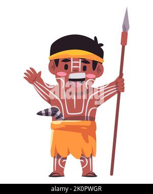 La tribu autochtone australienne aborogine les enfants avec boomerang et lance Illustration de Vecteur