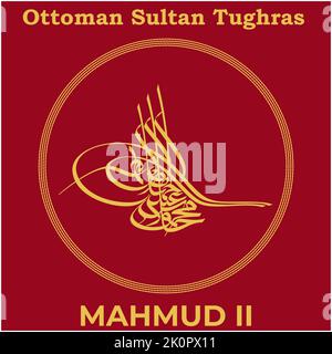 Image vectorielle avec signature Tughra du trentième Sultan Ottoman Mahmud II, Tughra de Mahmud II avec fond de peinture turc traditionnel. Illustration de Vecteur