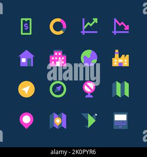 Navigation et bâtiments - ensemble d'icônes fluo de style plat Illustration de Vecteur