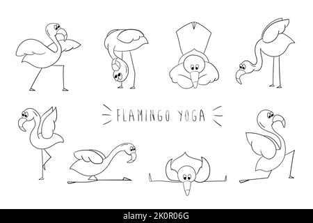 Yoga Flamingo. Ensemble de dessins animés flamants isolés sur fond blanc. Illustration vectorielle. Contour, livre de coloriage Illustration de Vecteur