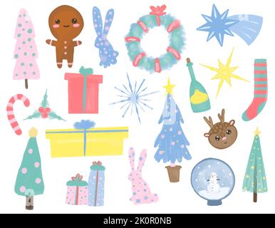Collection vectorielle d'illustrations de Noël dessinées à la main dans l'aquarelle. Éléments pour le nouvel an pour le design. Illustration de Vecteur
