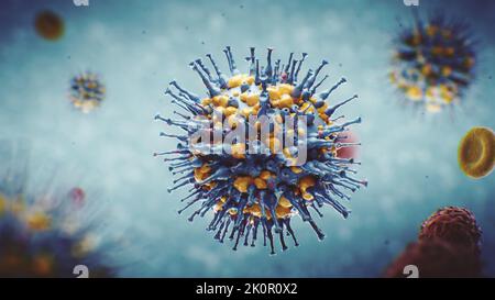 3D effectuer la visualisation d'un virus dans le corps humain. L'animation peut être utilisée pour présenter la varicelle ou le covid 19 ou diverses autres maladies infectieuses. Banque D'Images