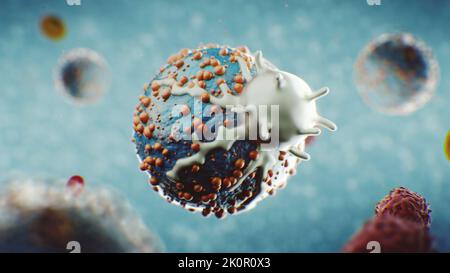 3D faire la visualisation du virus dans le corps humain dans le sang. Absorption d'une bactérie d'un virus comme processus de traitement d'une personne à partir de maladies virales ou respiratoires ou d'autres maladies infectieuses. Banque D'Images