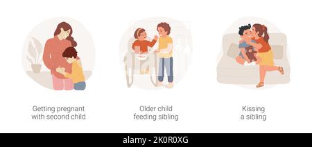 Jeu d'illustrations vectorielles isolées de la famille en pleine croissance. Femme enceinte avec un deuxième enfant, maternité heureuse, enfant plus âgé qui allaite bébé, embrasser un frère ou une sœur, montrer de l'affection, dessin animé vecteur de vie familiale. Illustration de Vecteur