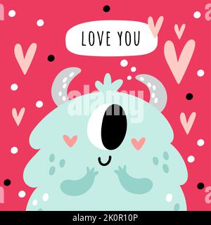 Carte de vœux à motif monstre. Créature bizarre enfantine. Personnage drôle imaginaire dans l'affiche. J'aime les cœurs. Bébé extraterrestre romantique et moelleux. cyclops de dessin animé Illustration de Vecteur