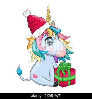 Joli dessin animé unicorn en chapeau de père noël avec cadeau, boule de noël, bonbon kane. Nouvel an et vacances de Noël. Illustration de Vecteur