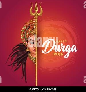 le visage du Dieu indien durga dans Happy Durga Puja Subh Navratri arrière-plan. Dessin d'illustration de vecteur Illustration de Vecteur