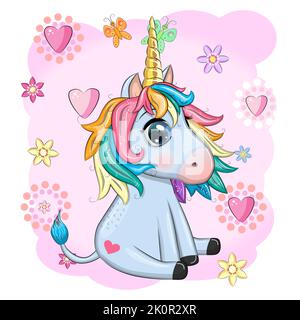 Poney bleu licorne assis. Carte de bébé mignonne, bébé avec de grands yeux. Illustration de Vecteur