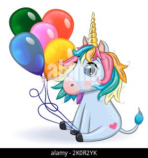 Poney bleu licorne assis. Carte de bébé mignonne, bébé avec de grands yeux. Illustration de Vecteur