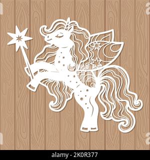 Modèle pour la découpe au laser de tous les matériaux. Licorne avec baguette magique. Personnages de contes de fées pour enfants. Pour la conception de cartes postales, décoration intérieure Illustration de Vecteur
