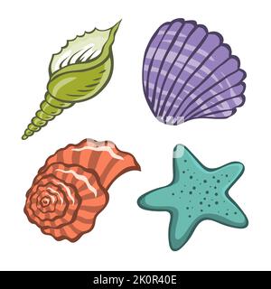 Ensemble coquillages et étoiles de mer. Coquille d'escargot. Marin sous-marin en bord de mer torsadé. Forme en spirale. Mollusque sous-marin. Animaux et faune. Caricature isolée Illustration de Vecteur