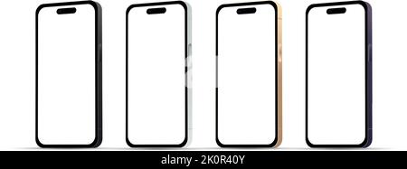 Nouveauté, gadget moderne pour smartphone 14 version pro, ensemble de 4 pièces, nouvelles couleurs originales, modèle pour conception web sur fond blanc - Vector Ill Illustration de Vecteur