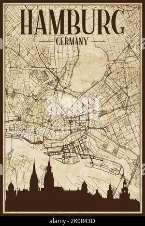 Carte imprimée du réseau des rues du centre-ville encadré de HAMBOURG, ALLEMAGNE Illustration de Vecteur