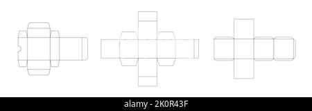 Ensemble de 3 schémas d'emballage papier, modèles de boîtes d'emballage. Modèle géométrique, lignes vectorielles fines noires sur fond blanc. Illustration de Vecteur